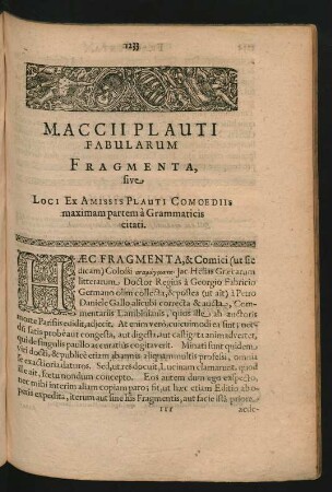 M. Accii Plauti Fabularum Fragmenta, sive Loci Ex Amissis Plauti Comoediis maximam partem a Grammaticis citati.