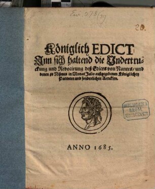 Königliches Edict in sich haltend die Unterdrückung des Edicts von Nantes