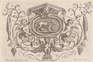 Vignette mit einem Löwen, Fischen und einer Sphinx