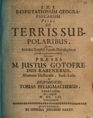 Disputationum geographicarum prima, de terris subpolaribus