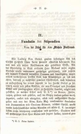 IV. Fundatio der Stipendien