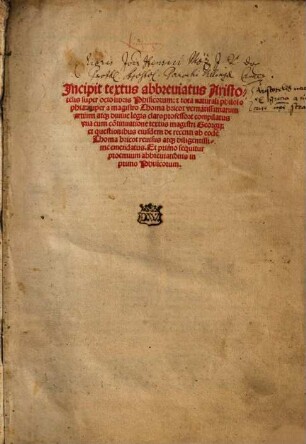 Incipit textus abbreviatus Aristotelis super octo libris Phisicorum: [et] tota naturali philosophia