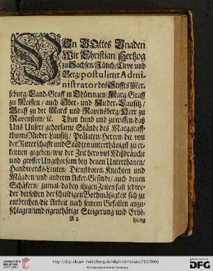 Von Gottes Gnaden Wir Christian / Hertzog zu Sachsen / Jülich / Cleve und Berg [...]
