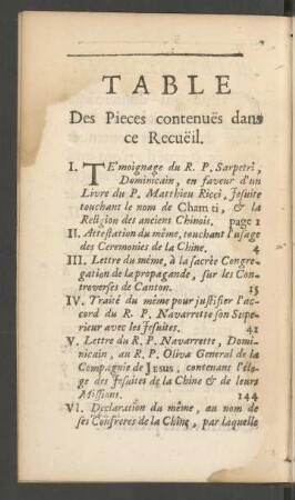 Table Des Pieces contenuës dans ce Recuëil.