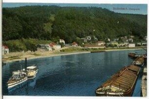 Bodenbach. Obergrund. Blick über die Elbe mit Raddampfer und Schleppkähnen