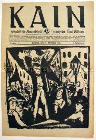 Linke Wochenzeitschrift "Kain" mit Titelkarikatur und mehreren Textbeiträgen zur Novemberrevolution