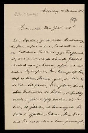 17: Brief von Richard Schröder an Gottlieb Planck, Heidelberg, 7.10.1896