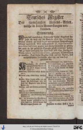 Teutsches Register der fürnehmsten Redens-Arten, welche in denen Anmerckungen vorkommen.