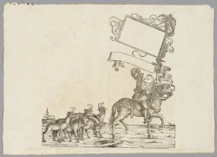 Berittener Jäger, Conrad Zuberle, mit einer Tafel, gefolgt von Gemsen und Steinböcken, Blatt 7 aus: Marx Treitzsaurwein, "Kaiser Maximilian I Triumph – le triomphe de l’Empereur Maximilien I en une suite de Cent trent cinq planches gravées en bois d’après les dessins de Hans Burgmair", Wien 1796