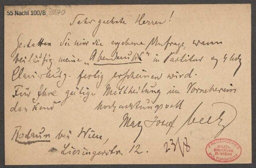 Brief an B. Schott's Söhne : 22.08.1898