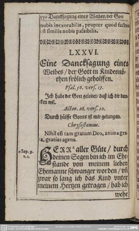LXXVI. Eine Dancksagung eines Weibes, der Gott in Kindesnöthen frölich geholffen