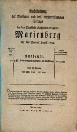 Austheilung der Ausbeute und des wieder erstatteten Verlags bey dem Churfürstl. Sächsischen Bergamte Marienberg auf das Qvartal …. 1798