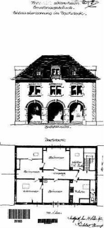 Weikersheim: Empfangsgebäude Verwaltungsgebäude Teil-Grundriß Dachgeschoß,Ansicht v.Str.