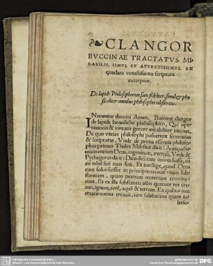 Clangor Buccinae Tractatus Mirabilis, simul et attentissimus, ex quadam vetustissima scriptura excerptus.