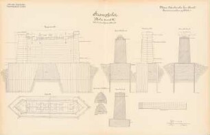 Neue Oderbrücke, Cosel: Strompfeiler (II und III): Vorderansicht, Seitenansicht, Aufsicht, Grundriss, Querschnitte 1:50