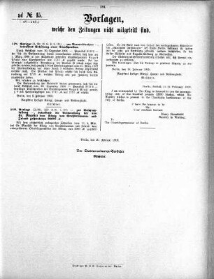 Anlage: ad No.15. (148-149.), Vorlagen, welche den Zeitungen nicht mitgeteilt sind