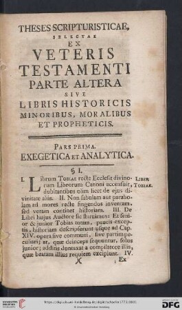 Pars Prima. Exegetica et Analytica