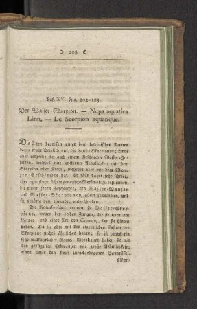 Taf XV. Fig. 102-103. Der Waffer-Skorpion. - Nepa aquatica Linn. - Le Scorpion aquatique.