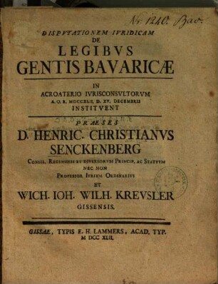 Dispvtationem Ivridicam De Legibvs Gentis Bavaricae