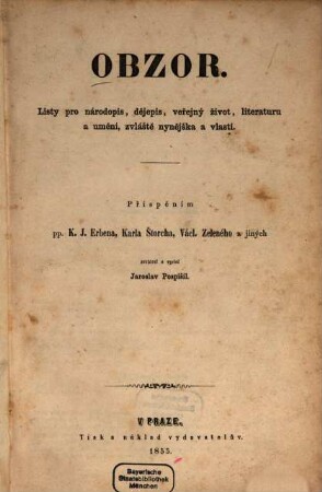 Obzor : listy pro národopis, dějepis, veřejný život, literaturu a uměni, zvláště nynějška a vlasti, 1. 1855