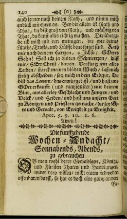 Die funffzehende Wochen-Andacht, Sonnabends, Abends, zu gebrauchen.