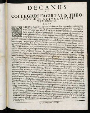 Decanus Et Collegium Facultatis Theologicae In Universitate Tubingensi. L. B. S. D.