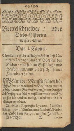 Beutelschneider/ oder Diebs-Historien. Erster Theil.