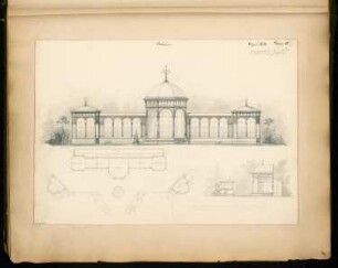 Vogelhaus Monatskonkurrenz April 1871: Lageplan mit Grundriss, Aufriss Vorderansicht, Seitenansicht; 2 Maßstabsleisten