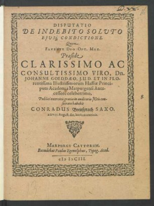 Disputatio De Indebito Soluto Eiusq[ue] Condictione