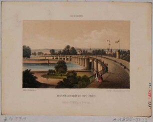Die Eisenbahnbrücke (Marienbrücke) in Dresden, Blick vom Neustädter Brückenkopf nach Südwesten über die Elbe und die Brücke, im Hintergrund die Friedrichstadt