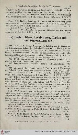 m) Papier, Dinte, Archivwesen, Diplomatik und Diplomateria etc. (Nro. 1041 - 1109)