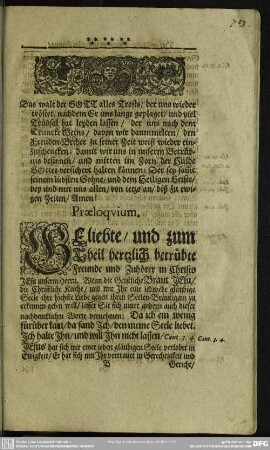 Leichenpredigt : Der geistlichen Braut prächtigster Einzug in das himmlische Hochzeit Hauß. Praeloquium. Leichen-Text. Exordium. Tractatio.