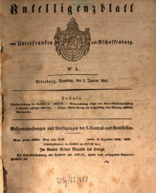 Intelligenzblatt von Unterfranken und Aschaffenburg des Königreichs Bayern. 1841