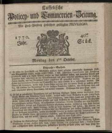 40tes Stueck, Montag den 1ten October. 1770