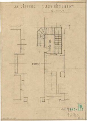Fischer, Theodor; Würzburg, Münsterplatz; Sparkasse - Mittelbau 1. OG (Grundriss)