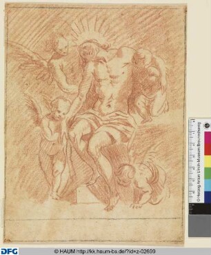 Christus als Schmerzensmann, sitzend von vier Engeln gestützt