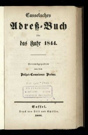 1844: Casselsches Adreß-Buch : für das Jahr 1844