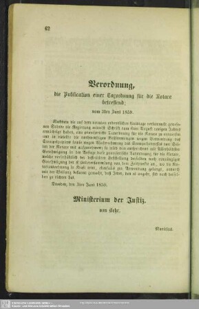 Verordnung, die Publication einer Taxordnung für die Notare betreffend; vom 3ten Juni 1859