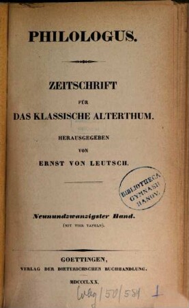 Philologus : Zeitschrift für antike Literatur und ihre Rezeption. 29. 1869/70 (1870)