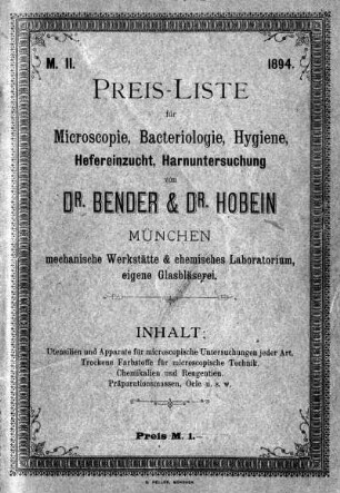 Preis-Liste für Microscopie, Bacteriologie, Hygiene, Hefereinzucht, Harnuntersuchung