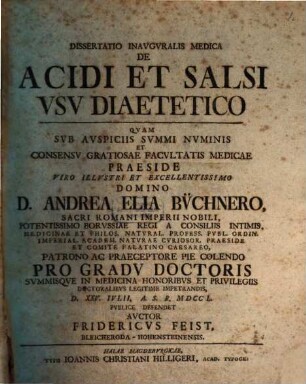 Dissertatio Inavgvralis Medica De Acidi et Salsi Vsv Diaetetico