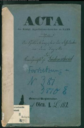Geburtsregister der Dissidenten in dem Bezirke des Kreisgerichts zu Lüdenscheid mit den Orten Börlinghausen, Breitenloh, Friedrichsthal, Hahn, Halver, Heedfeld, Honsel, Lösenbach, Lüdenscheid, Mummeshohl, Neuenhause, Rahmede, Vogelberg und Windfuhr (Abschrift für das Oberlandesgericht Hamm) (G 1855-1874) (Gemeinde: Lüdenscheid, Kreis Altena)