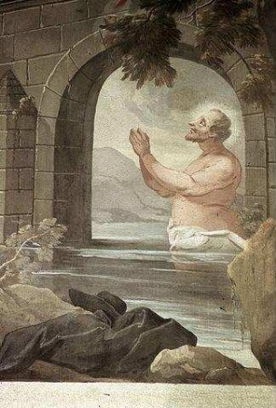 Ein Heiliger im Wasser, der zu einem vornehm gekleideten Mann auf einer Brücke heraufschaut