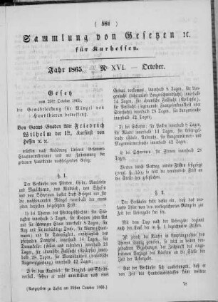Sammlung von Gesetzen für Kurhessen. Jahr 1865. - Nr. XVI. October.