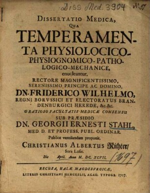 Dissertatio Medica, Qua Temperamenta Physiologico-Physiognomico-Pathologico-Mechanice enucleantur
