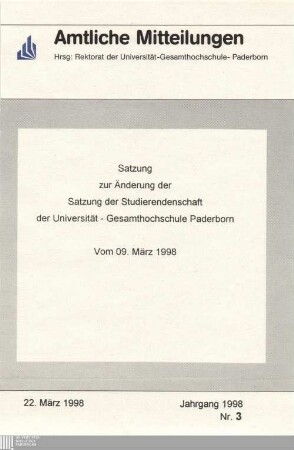 Satzung zur Änderung der Satzung der Studierendenschaft der Universität - Gesamthochschule Paderborn : vom 09. März 1998