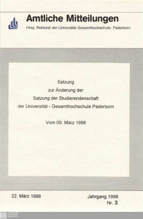 Satzung zur Änderung der Satzung der Studierendenschaft der Universität - Gesamthochschule Paderborn : vom 09. März 1998