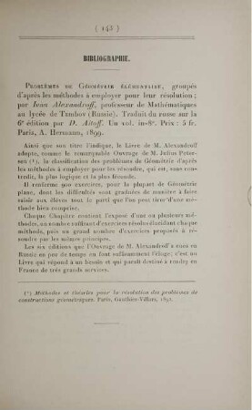 Bibliographie. Problémes de Géométrie élémentaire, ...par Ivan Alexandroff, ...