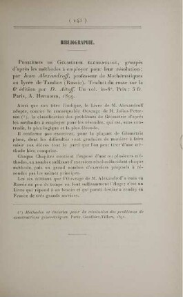 Bibliographie. Problémes de Géométrie élémentaire, ...par Ivan Alexandroff, ...