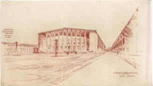 Gsaenger, Gustav; Eberswalde (Brandenburg); Projekt Gesamtentwicklungsplan, Stadtkrone, Vierjahresplan-Siedlung (Schule) - Stadthalle u. Aufmarsch Platz (Perspektive)